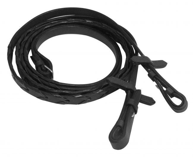 58" Black Leather Laced English Reins, bridle hook fastener ends and leather bit stoppers, new with tags