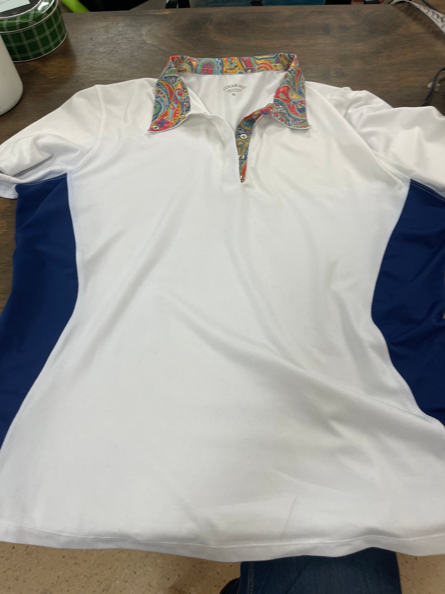Lds XL white and blue Short Sleeve show shirt, Coolblast shirt086