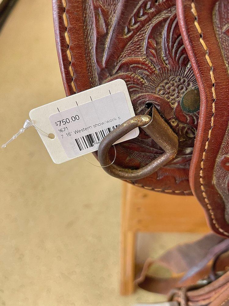 16” Western show/work saddle, dk oil rust seat, no visible brand