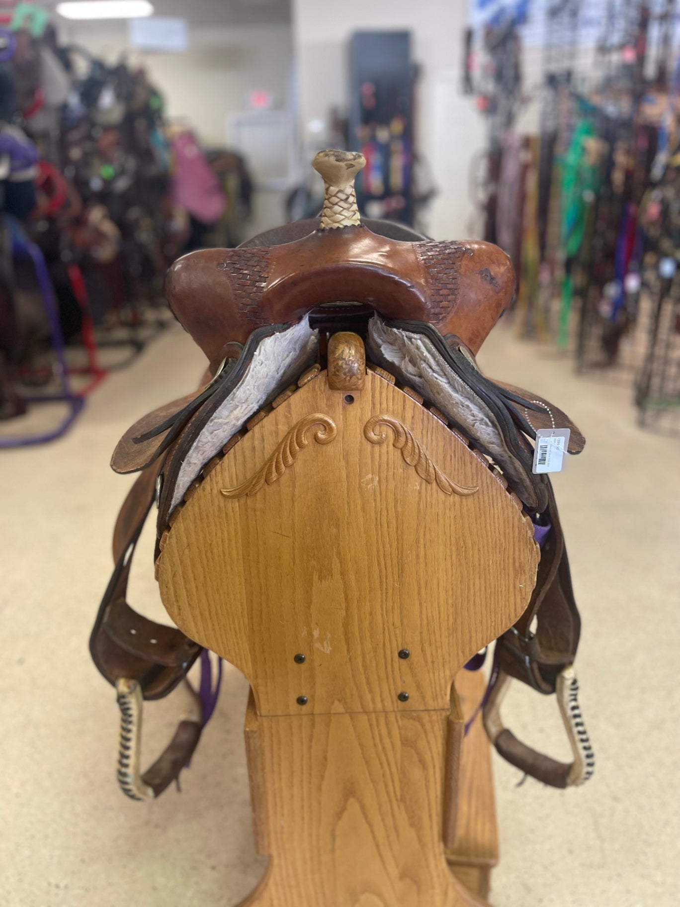 1. 13” Med oil bear trap barrel saddle w/purple rigging, Sonny Burt saddlery (Thomaston GA)