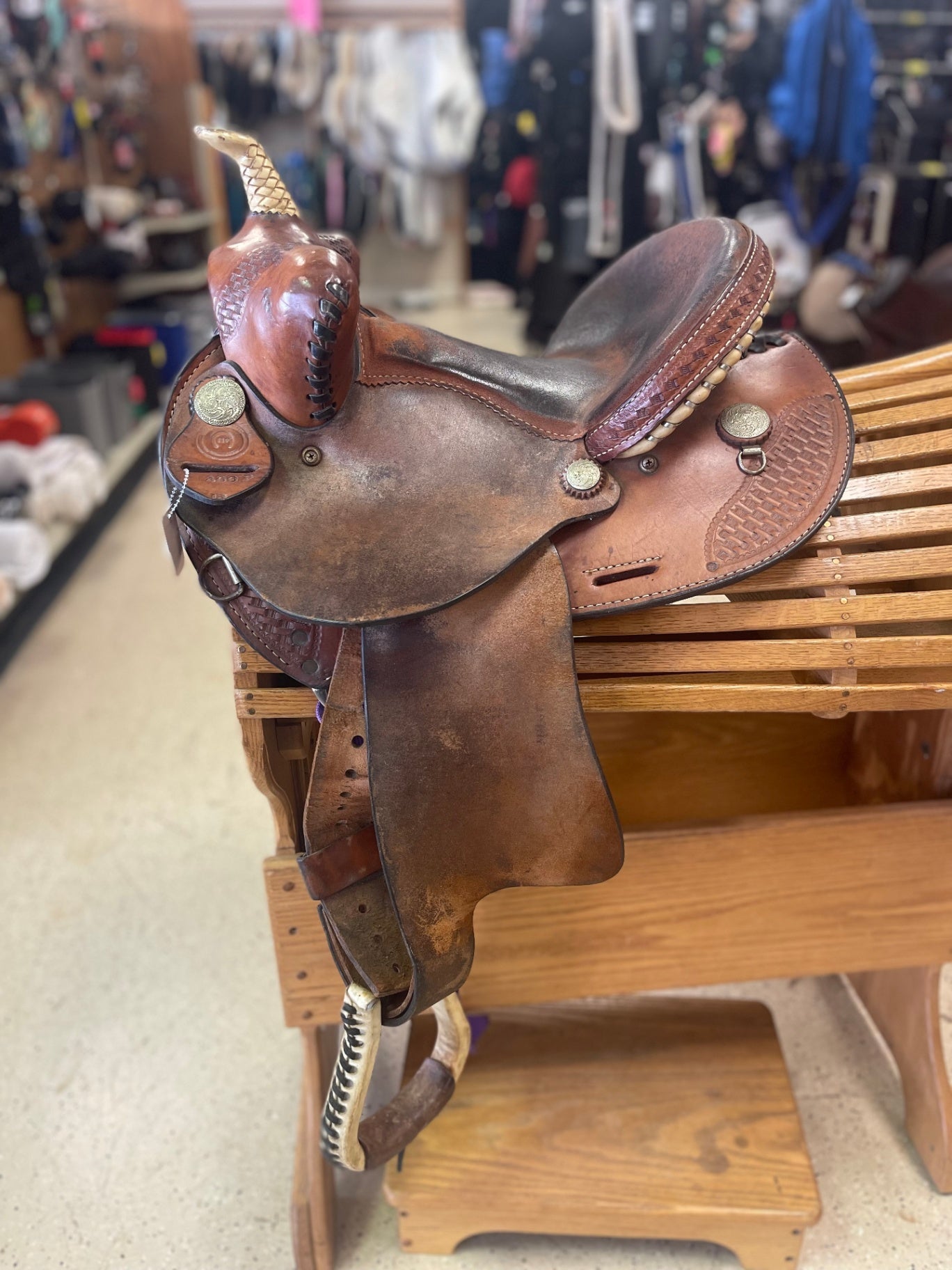 1. 13” Med oil bear trap barrel saddle w/purple rigging, Sonny Burt saddlery (Thomaston GA)