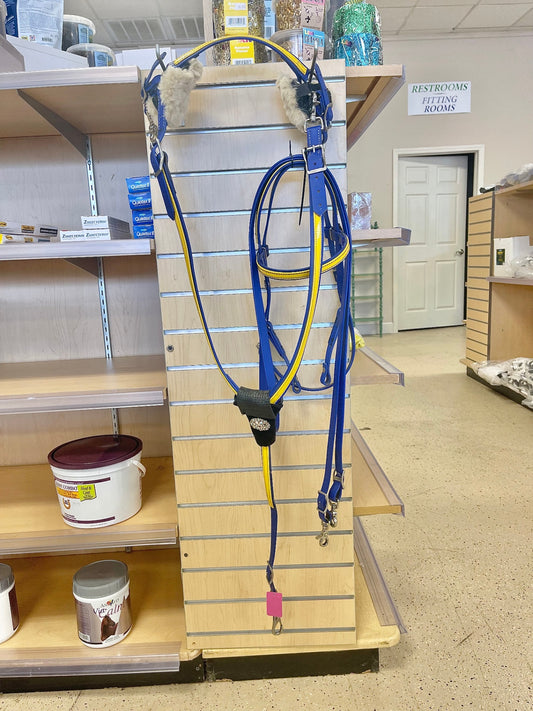 67. Blue/Yellow biothane Bridle/reins/breastcollar set