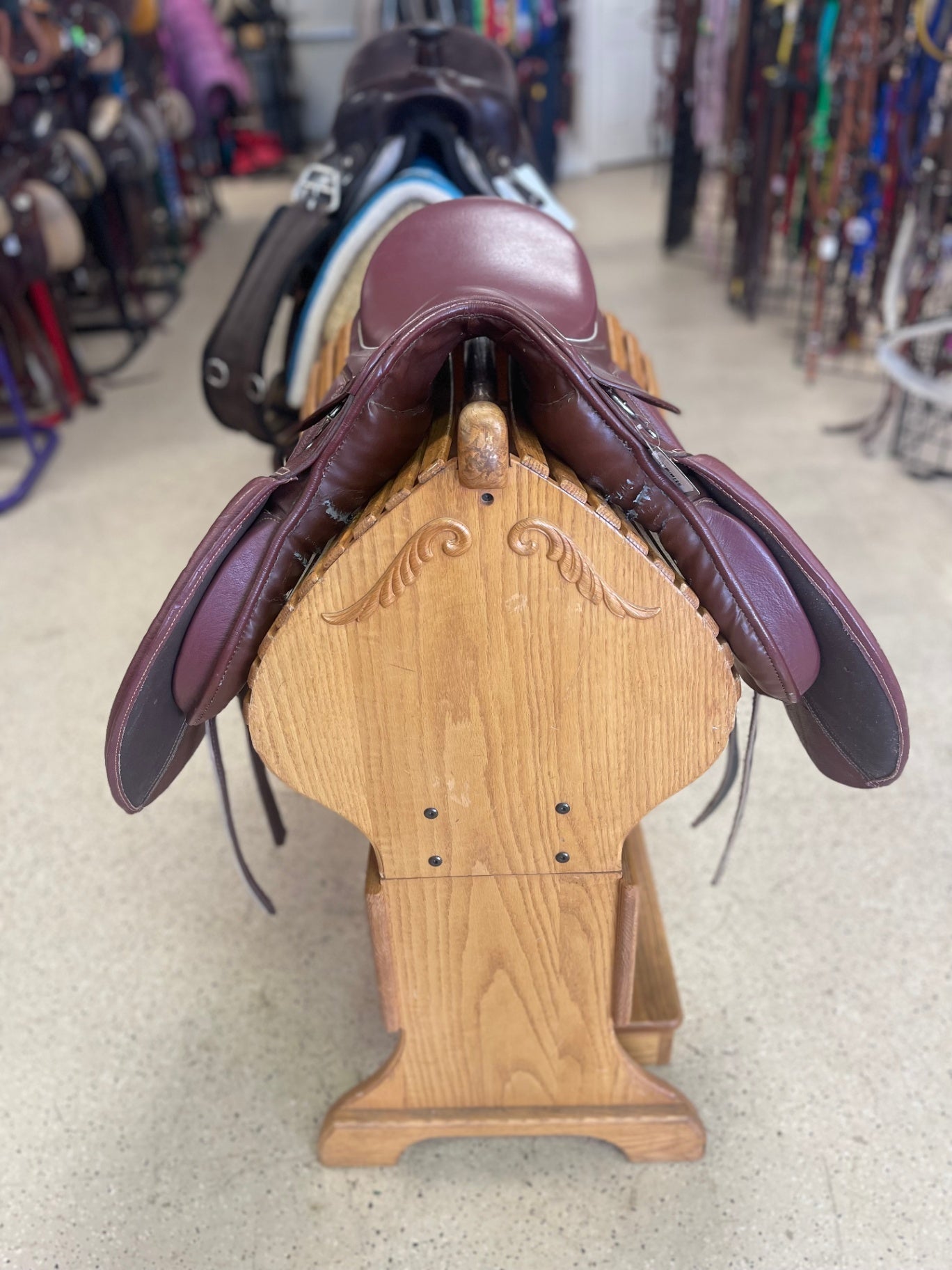 34. 17” Red Wide tree AP/dressage saddle with XL flaps, no brand