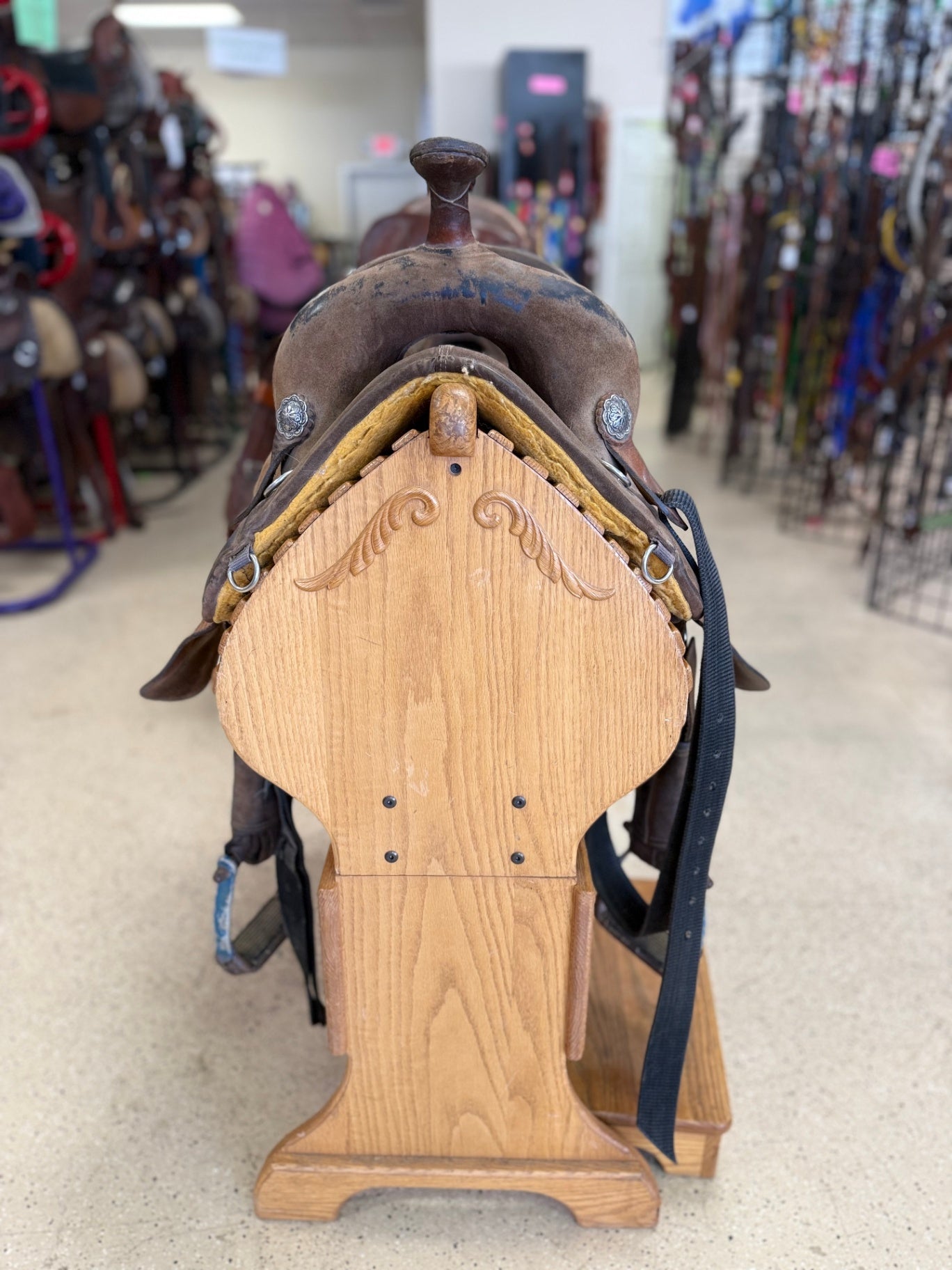 1. 14” Brown Bob Marshall treeless barrel sports saddle, 8" leg opening from seam of pommel to seam of cantle