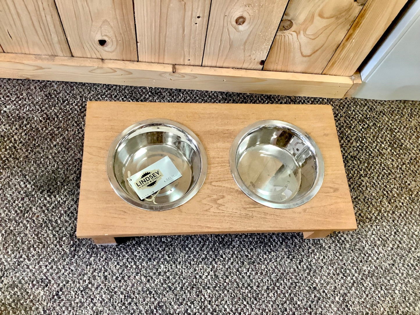 4. Small raised double dog bowl stand, Ambrosia maple