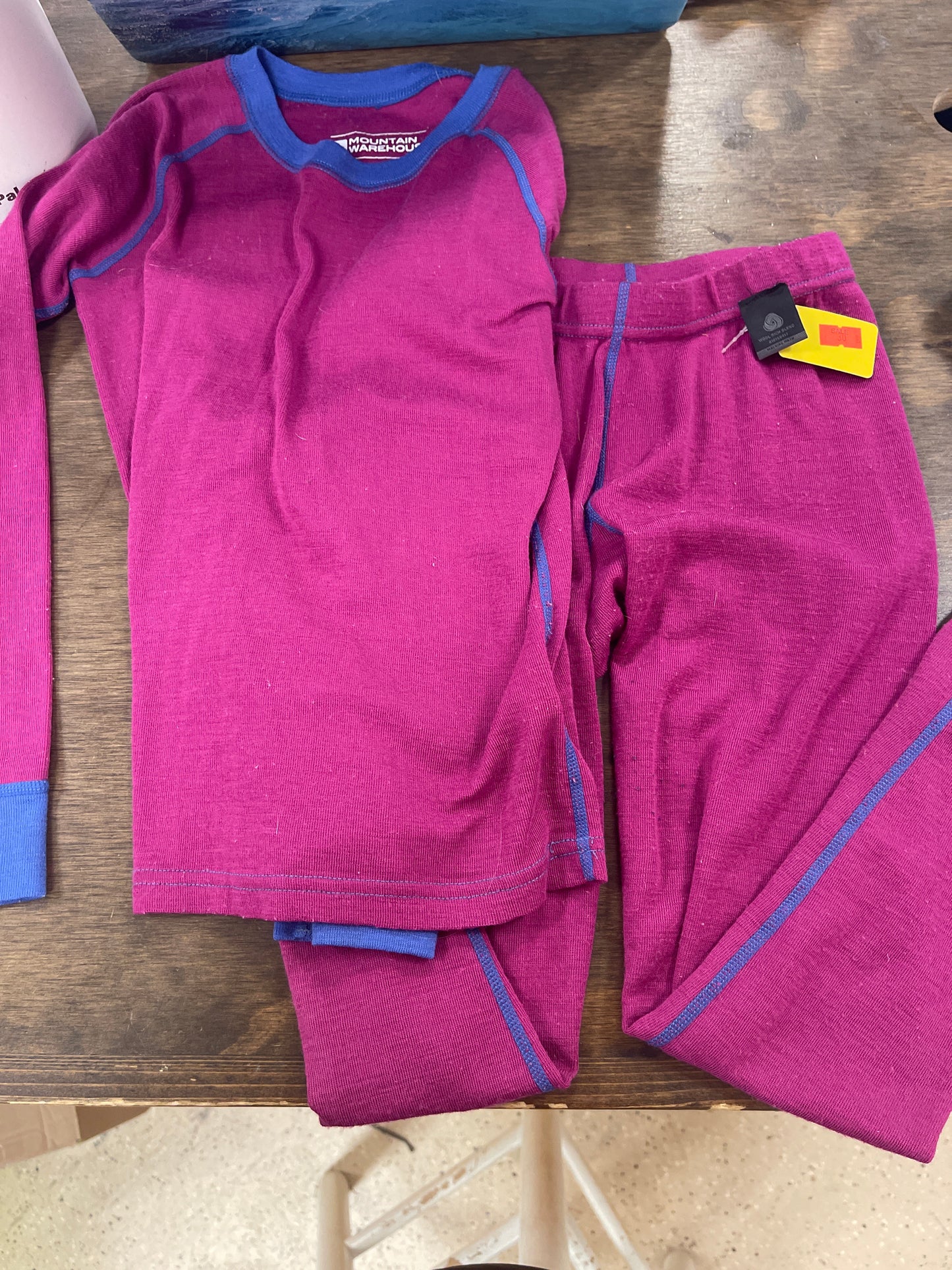 13. Kids Sz 7/8 Pink and Purple merino wool matching base layer top and pants, shirt072