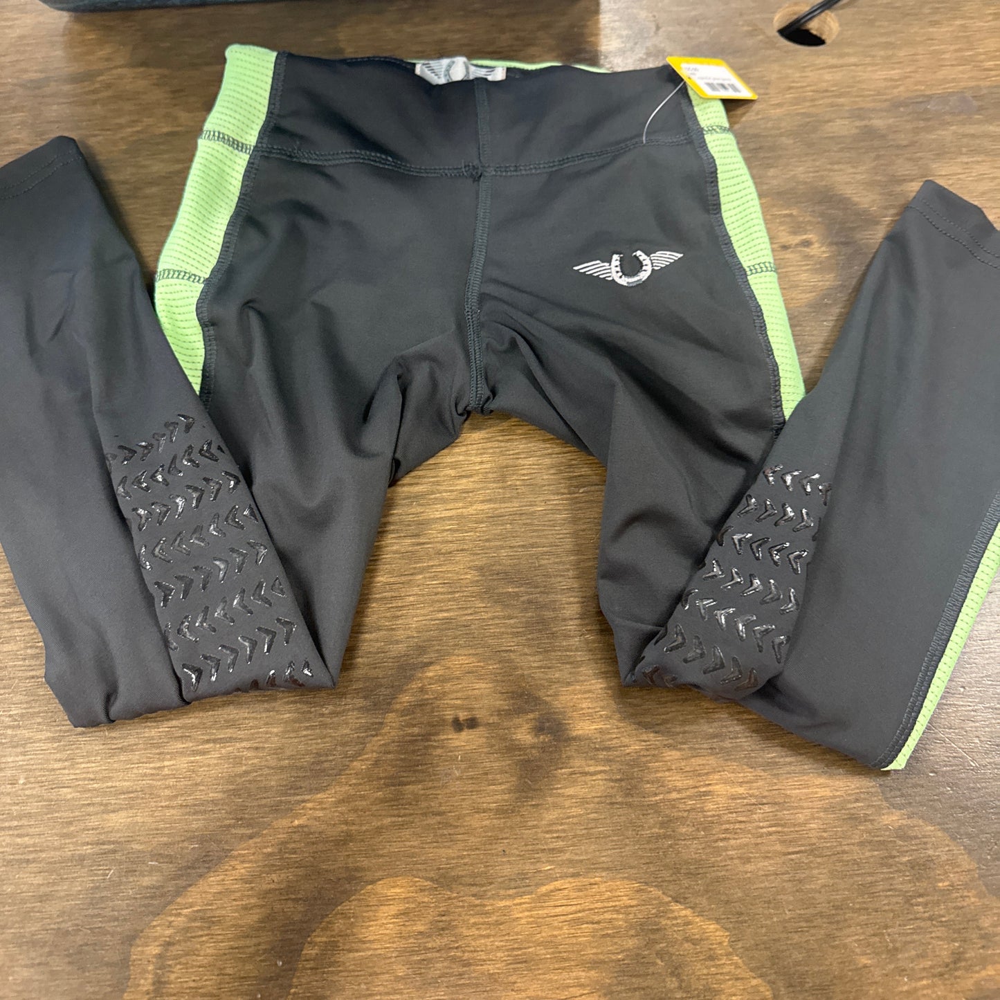 66. Kids XS/6 green and grey silicone Knee Patch ventilated tights, tuffrider, pants095