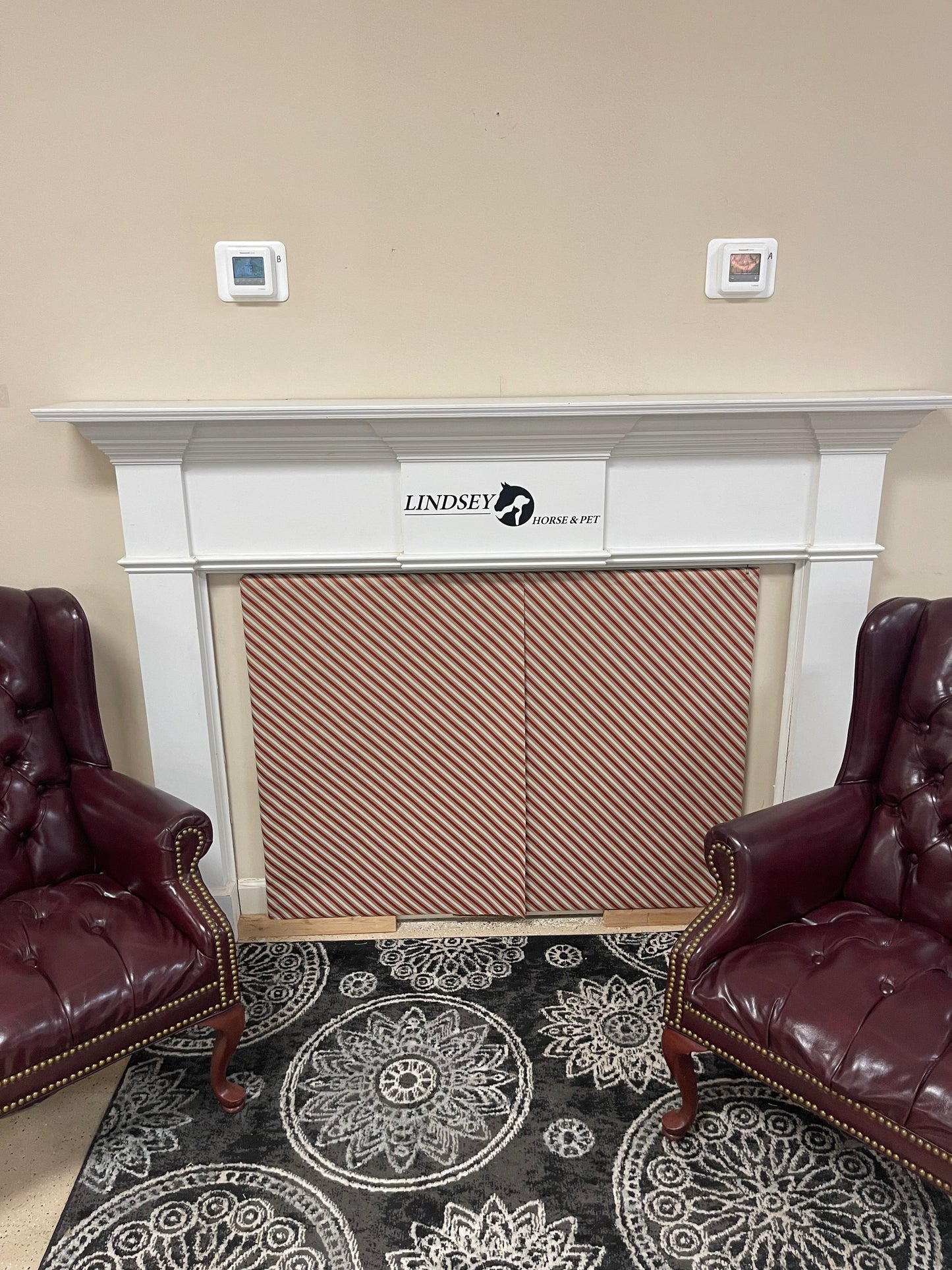 White Fireplace mantle, removable LHP logo sticker