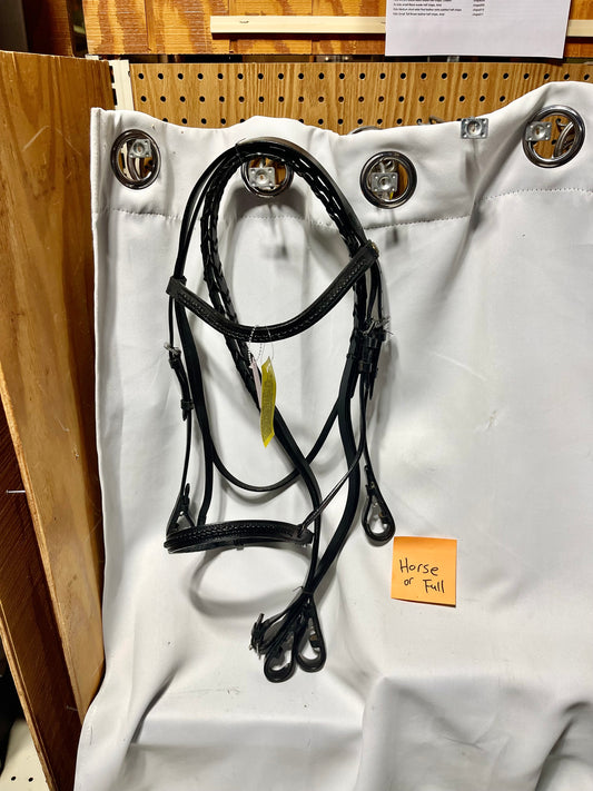 Horse/Full size Black Silver Fox raised bridle with braid detail on nose and browband- new English bridle and reins with tags. No flash, not padded