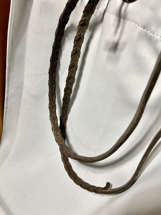 Sz Cob 54” Brown raised fancy stitched laced English reins, bridle hook ends, well used