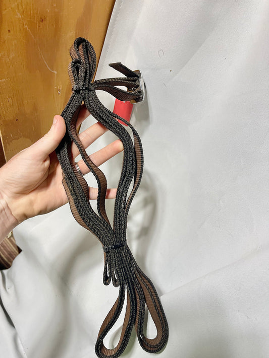 Brown and black nylon 3/4" lightweight side reins or draw reins with loops on one end. No snaps