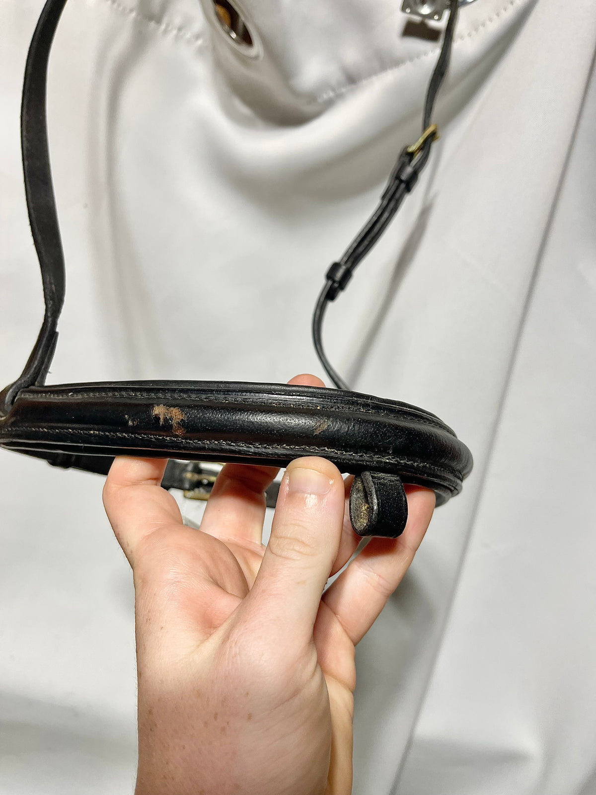 Black Full/Horse size lightly padded English cavesson noseband with spot for flash, and real brass buckles. Used with 2 scuffs on nose