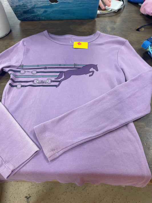 46. Kids L/12 purple long sleeve horse jumping Kerrits t-shirt, shirt068