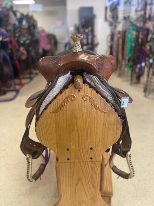 1. 13” Med oil bear trap barrel saddle w/purple rigging, Sonny Burt saddlery (Thomaston GA)