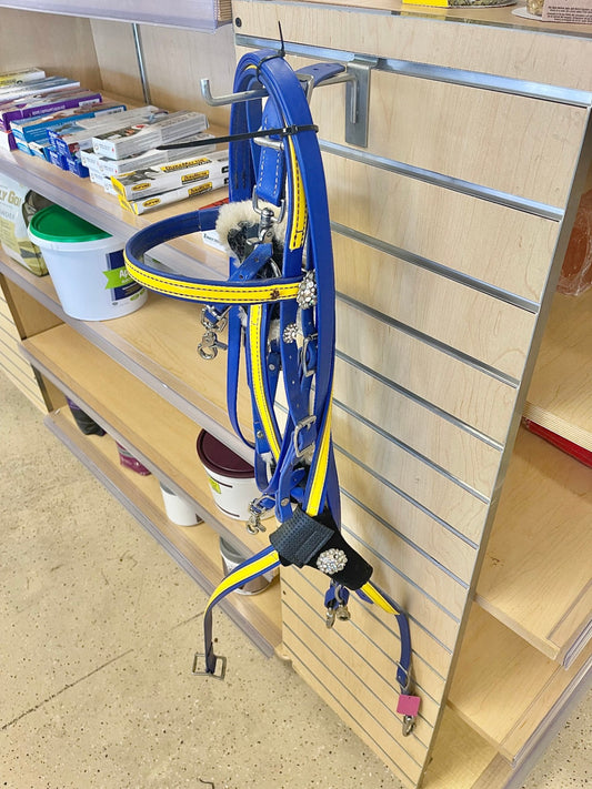 67. Blue/Yellow biothane Bridle/reins/breastcollar set