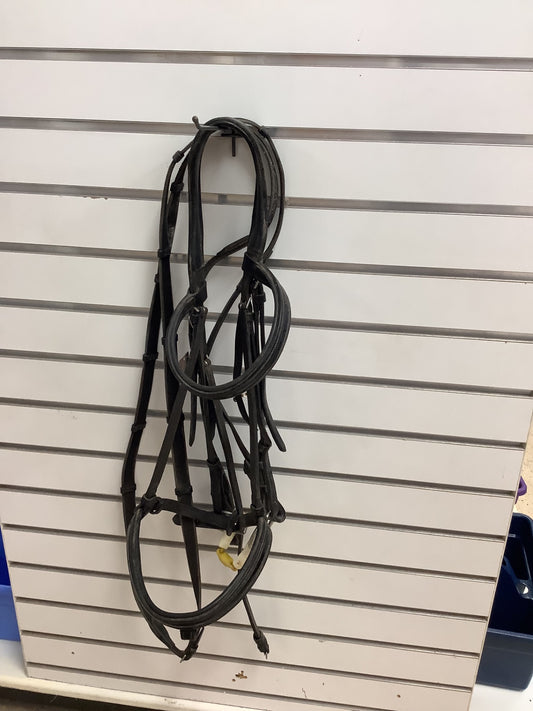 117. Sz full black dressage bridle with plastic bit and reins
