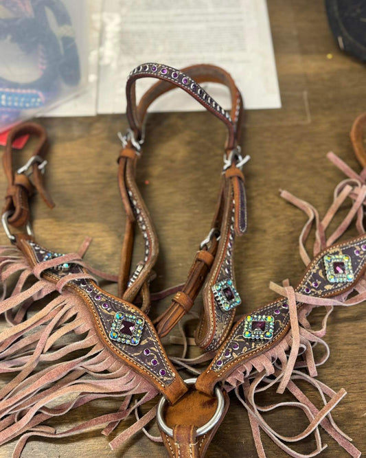 46. Pony/Mini purple bling headstall/fringe bc set, like new