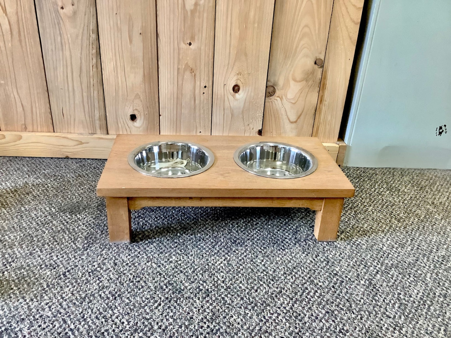 4. Small raised double dog bowl stand, Ambrosia maple