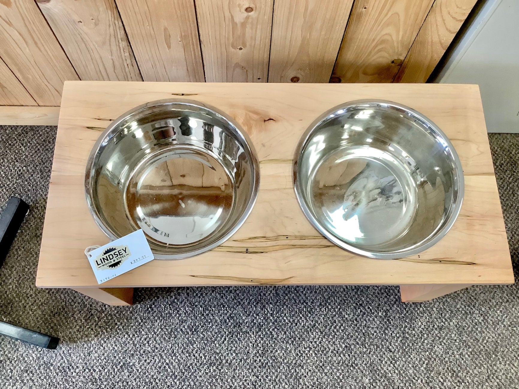 2. Large raised double dog bowl stand, Ambrosia maple