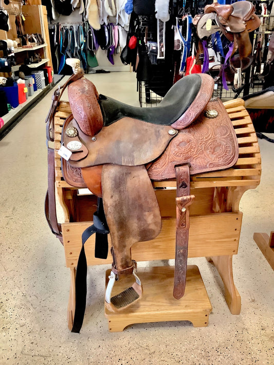 1. 16” Semi/M tree Circle Y Barrel saddle, tooled leather w/back cinch and B/C
