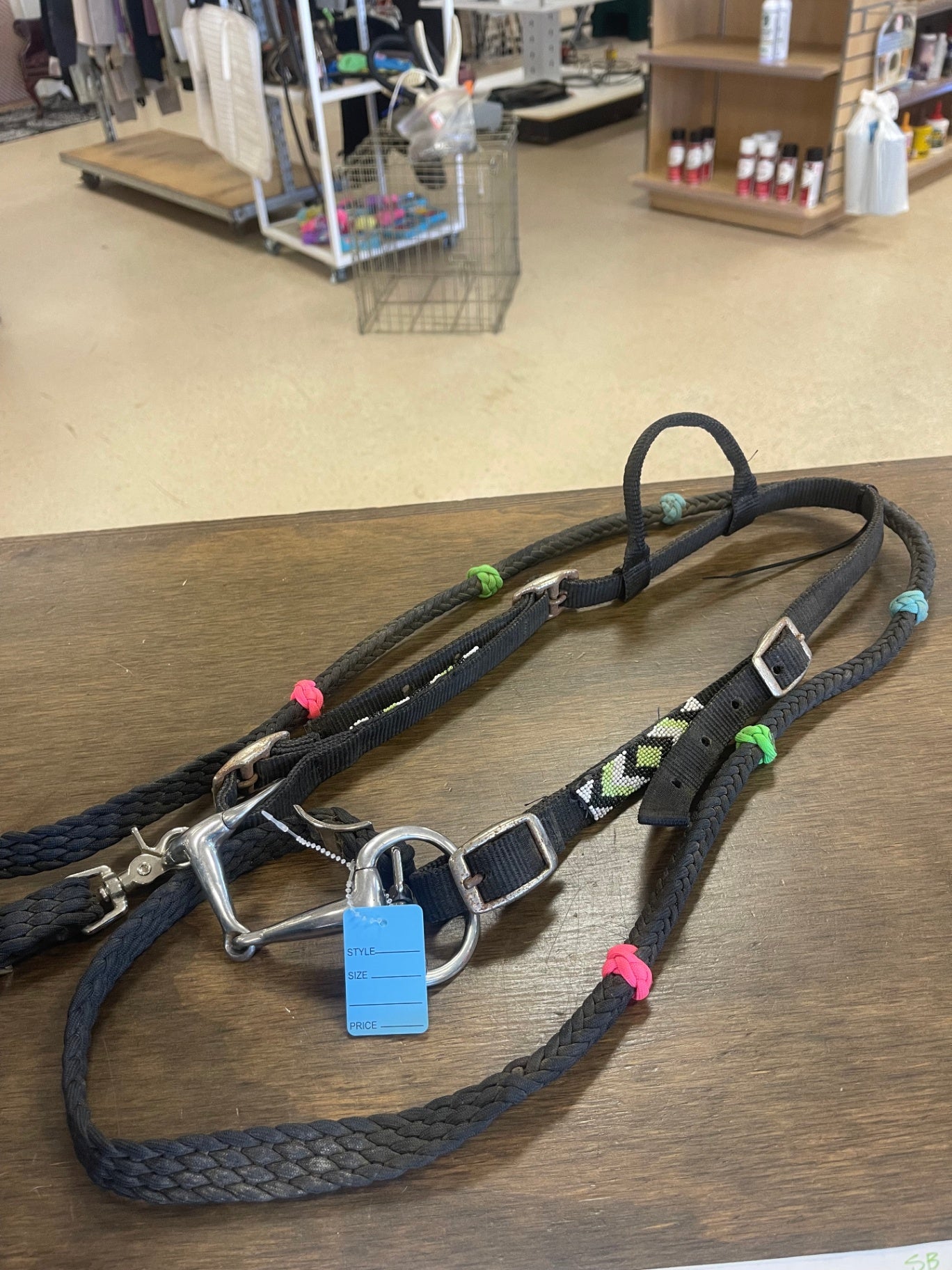 98. Mini black/rainbow nylon western bridle w/bit and reins