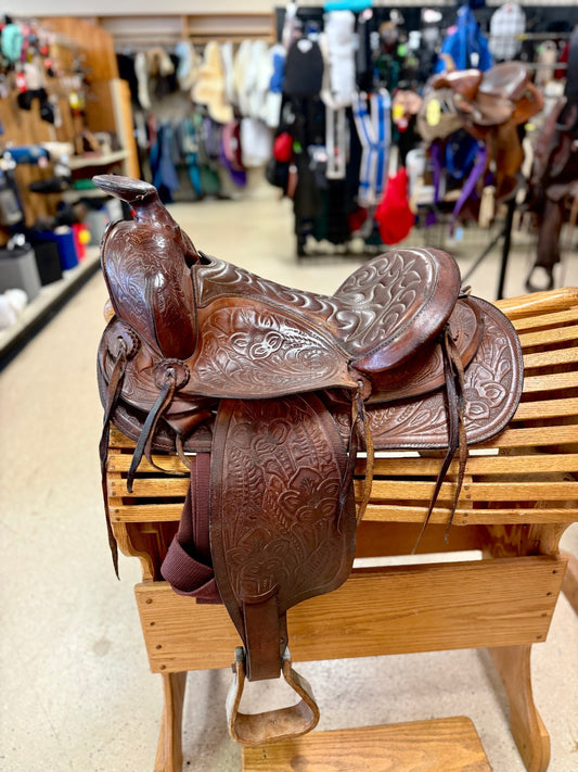 1. 14.5" Brown Med/Semi tree western trail saddle with tooling 