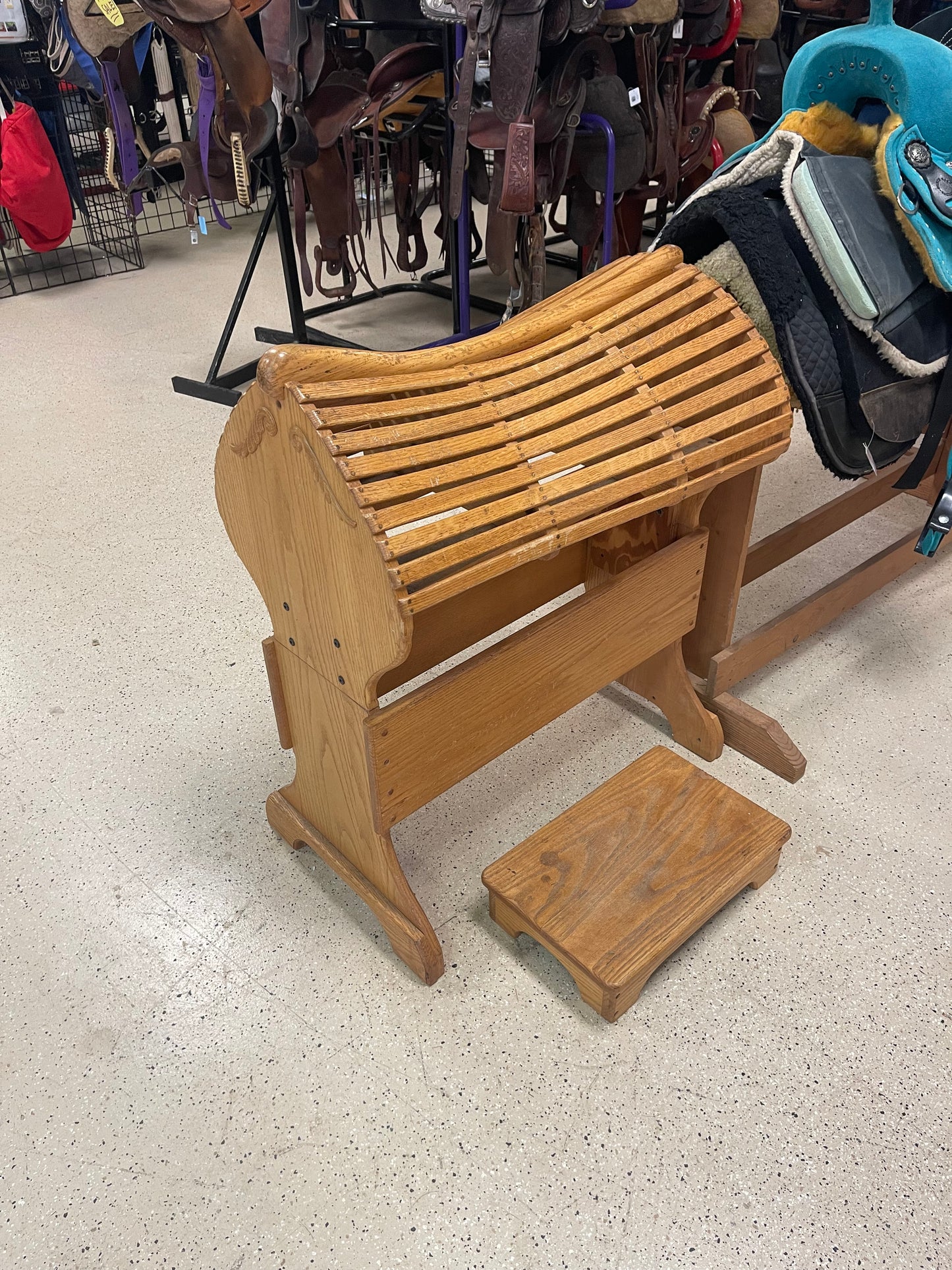 Wooden horse shaped saddle stand with step stool, original to Tack Trolley- (must stay at the store until December 27th)