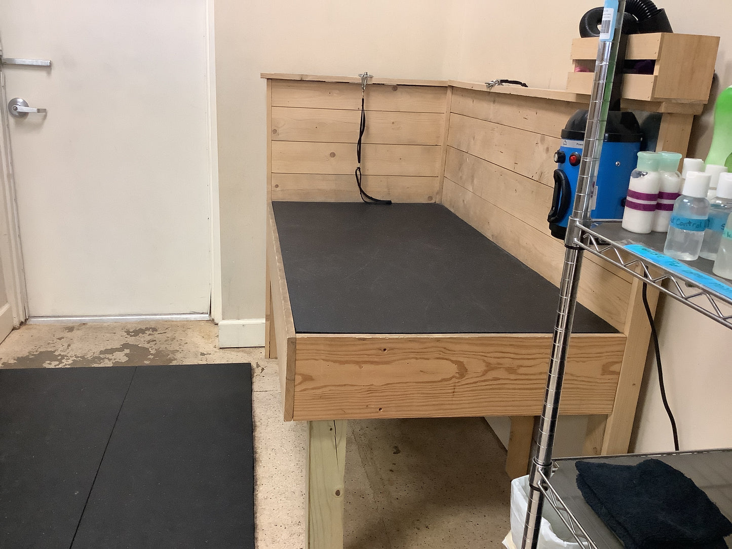 Raised dog grooming table, and dryer