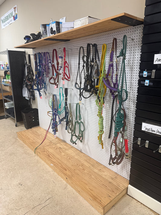 10' wooden and pegboard shelving unit (used halters)