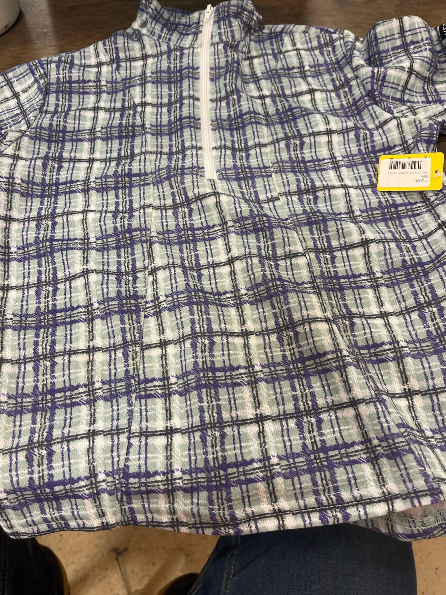 109. Kids S/8 purple/teal plaid short sleeve Ice fil polo, Kerrits shirt071