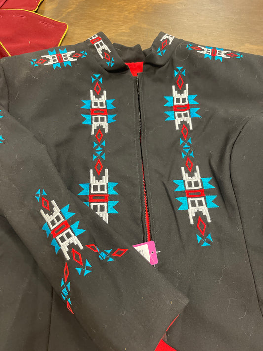 Large black and red/teal western show jacket,  SCC show apparel seminole, coats112