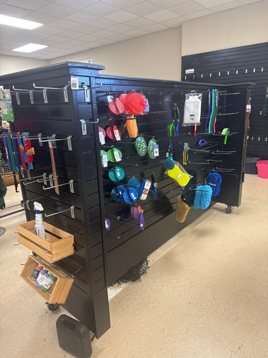 12' Black slatwall rolling 4 sided unit (grooming, hay nets)