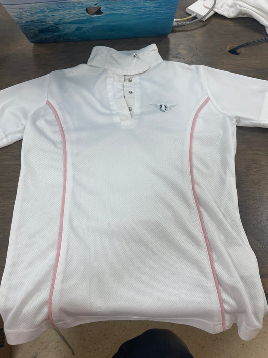 7. Kids 8 White and Pink Tuffrider Kwik dry Show shirt, shirt062