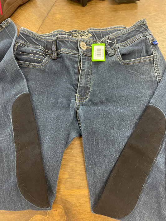 Lds 26 Dk blue jean Knee Patch breeches w/snaffle bit detail on pockets, Irideon pants170