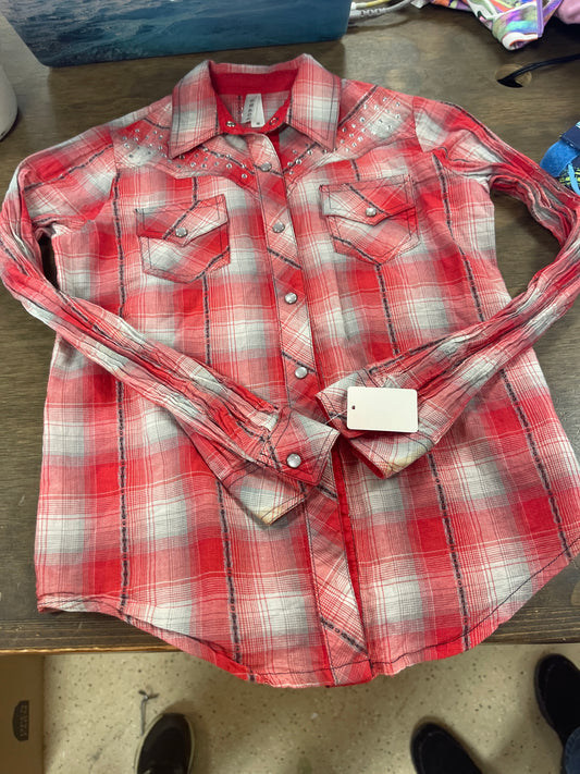 4. Kids M Red Plaid and bling Roper western shirt, shirt066