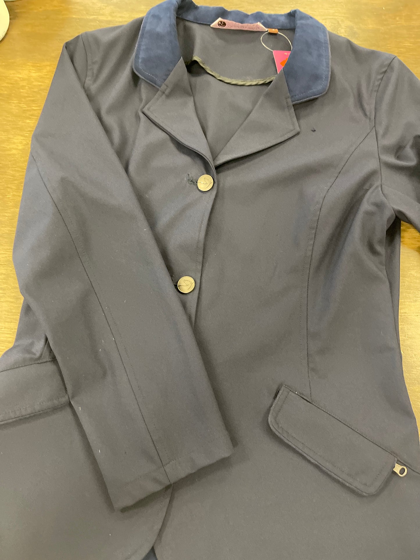 Lds S Navy stretch Show Coat with suede collar, Katheryn Lily coats066