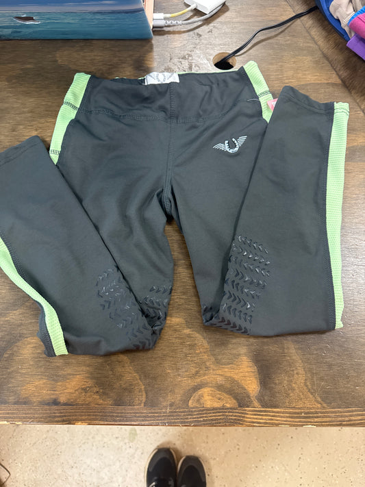 12. Kids 10/M lime and grey silicone Knee Patch ventilated tights, Tuffrider pants092