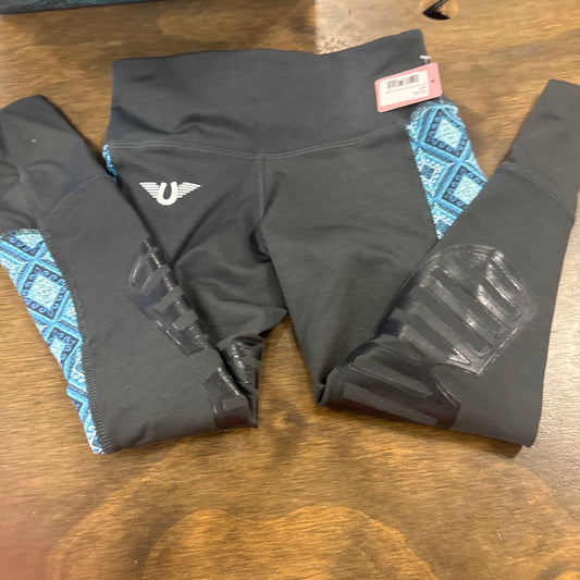 35. Kids 8/S blue and grey Silicone Knee Patch Artemis tights, tuffrider pants093