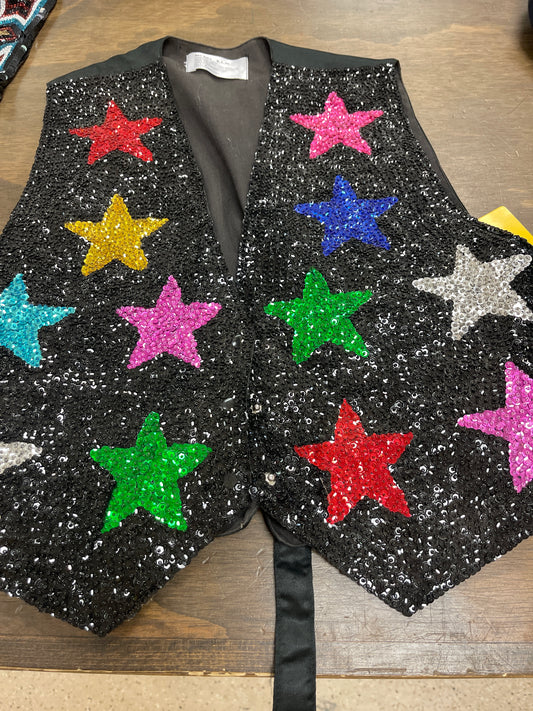 Lds Med black sequin western show vest with stars, USA KLM coats110