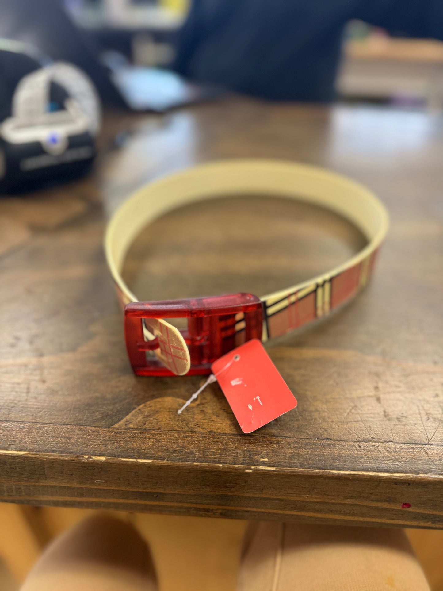 37. 26” baker plaid C4 belt w/red buckle, belts008