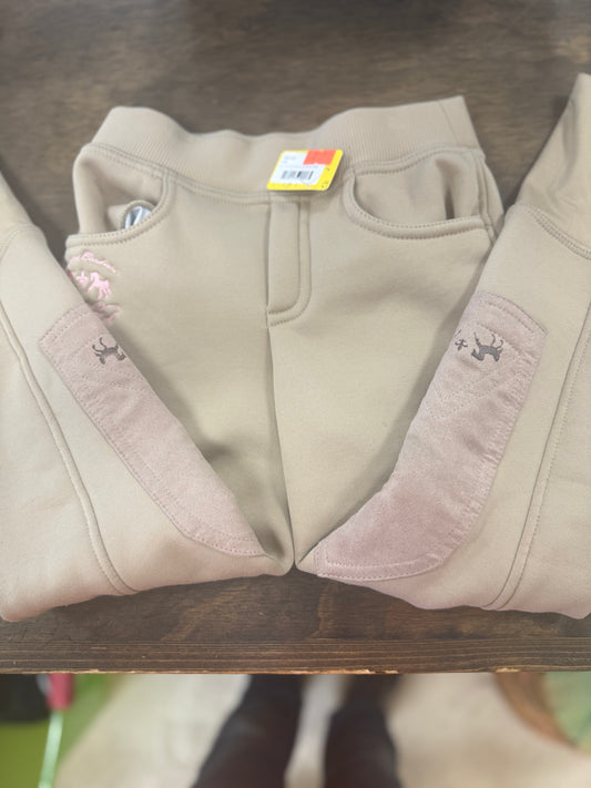 42. Kids Sz 8 fleece lined kids knee patch riding tights Tuffrider (Tan, Black) X2, pants060