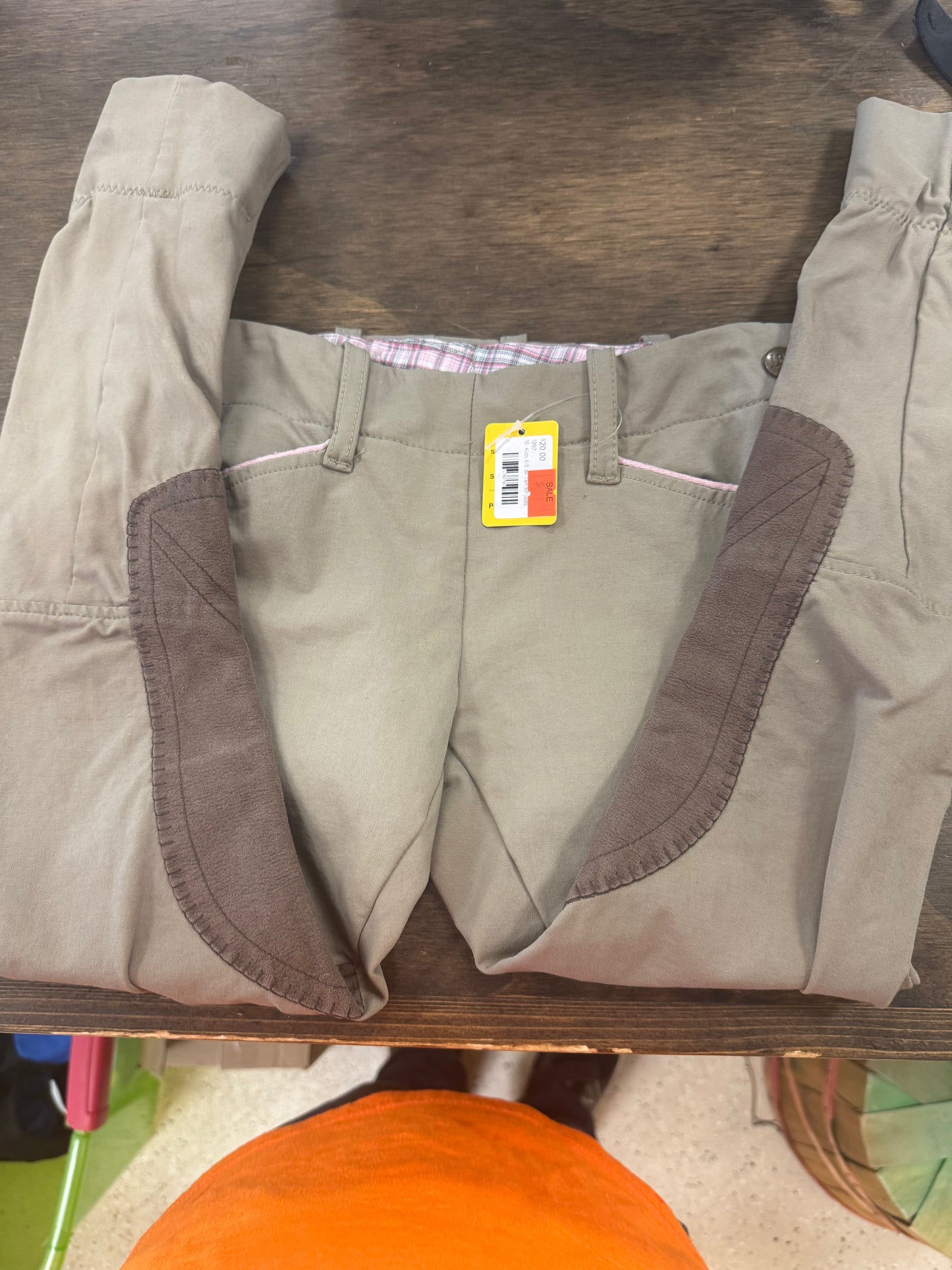 16. Kids 6/8 dk Tan Knee Patch jods w/pink piping, equine couture, pants061
