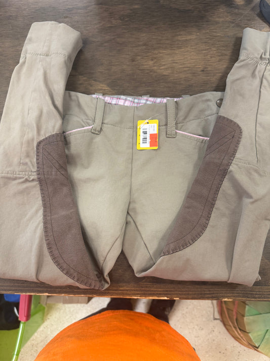 16. Kids 6/8 dk Tan Knee Patch jods w/pink piping, equine couture, pants061
