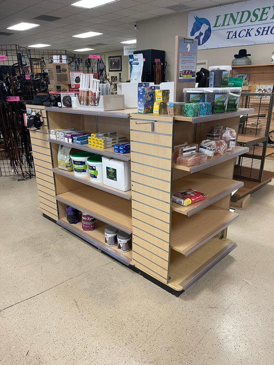 8ft 4 sided wooden slat/shelving freestanding fixture, has 2 endcaps with shelving