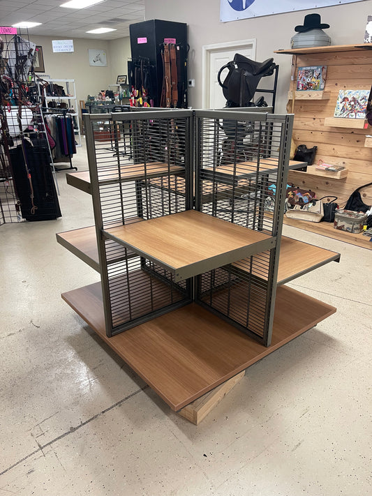 4 by 4 sided rolling wooden and metal freestanding open fixture