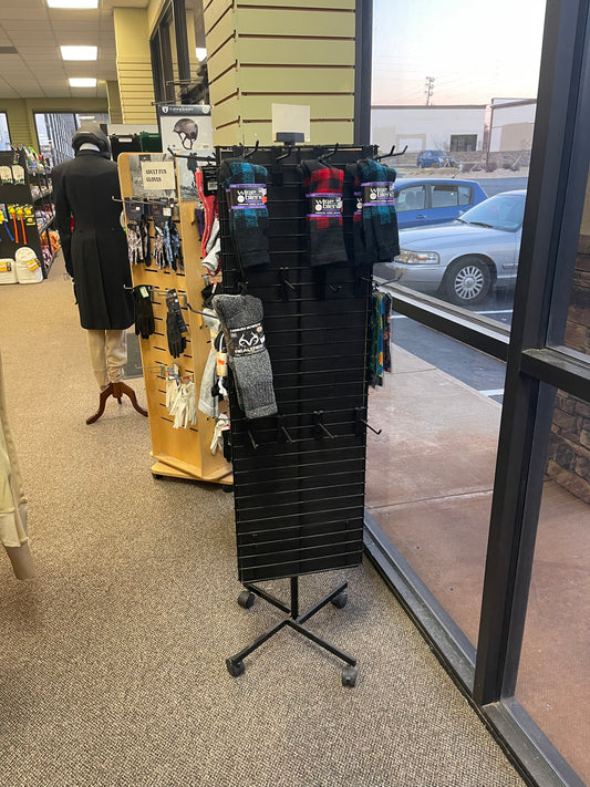 3 sided black spinner rack with grid hooks