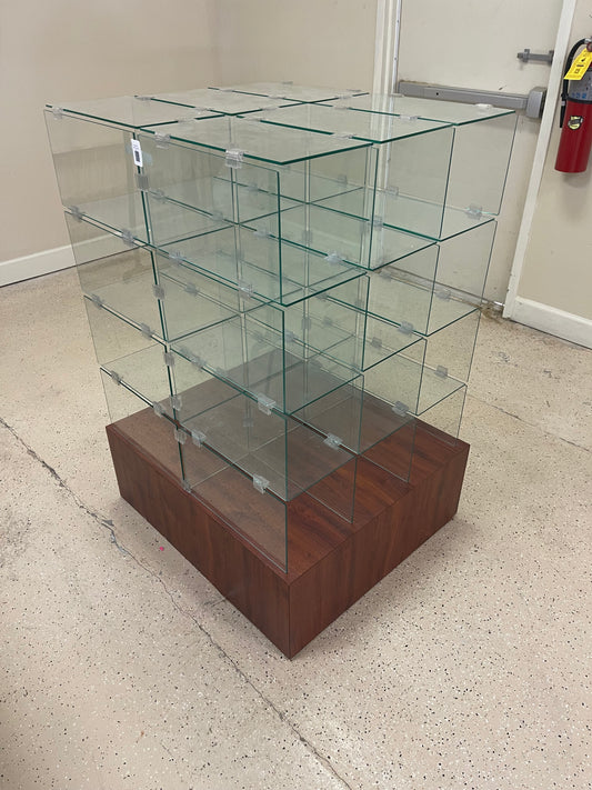 Glass cube display fixture, 34” long, 30” wide, 4ft tall