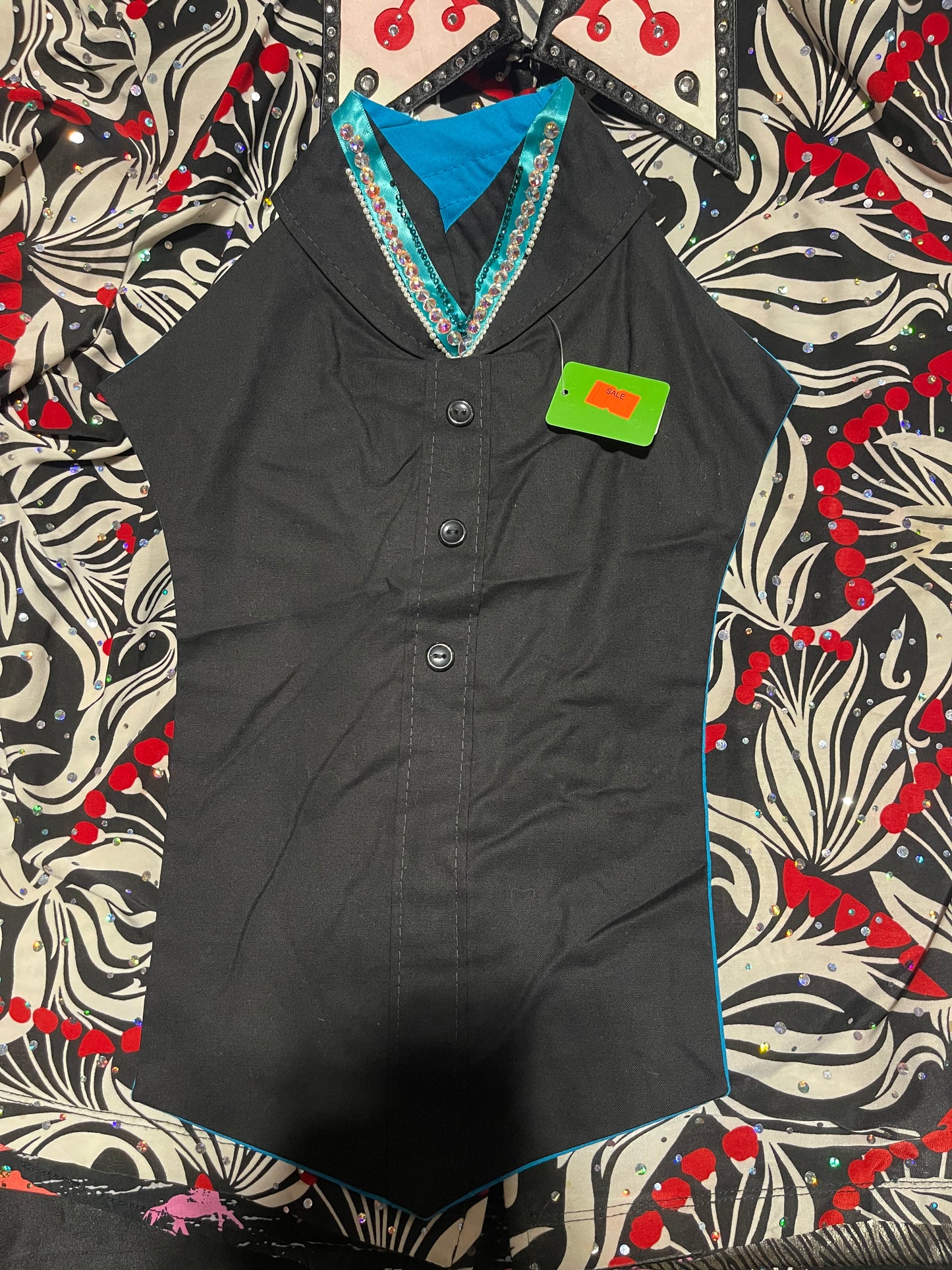 Black and turquoise reversible show bib/neck vest w/ rhinestones