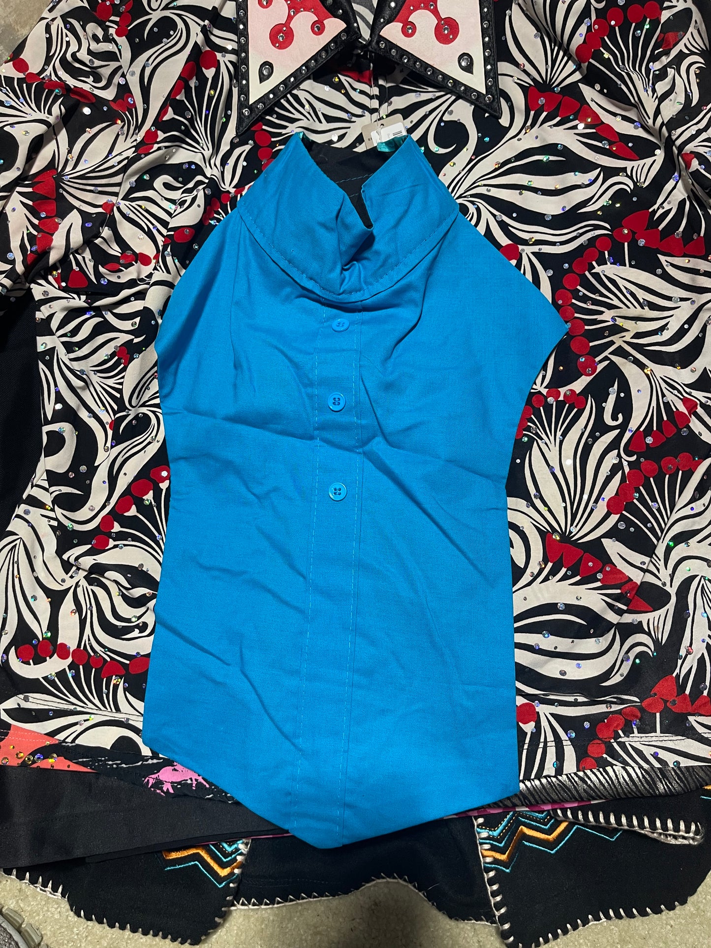 Black and turquoise reversible show bib/neck vest w/ rhinestones