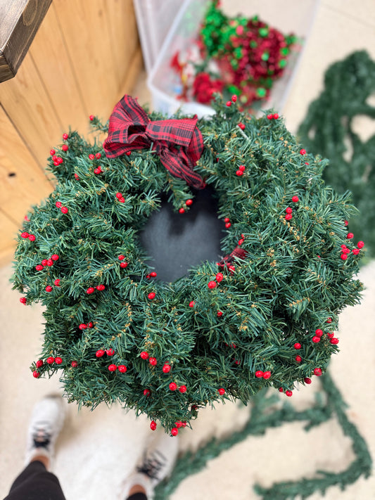 Christmas wreath with plaid bow and red berries (2 available)